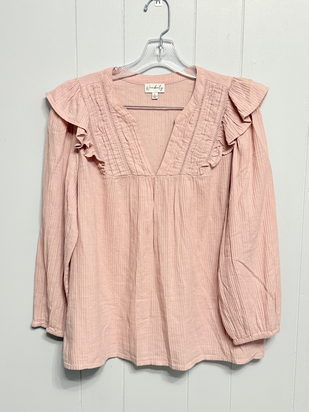#17) Wonderly Blush Pink Ruffle Yoke Long Sleeve( 14”) Cotton Top